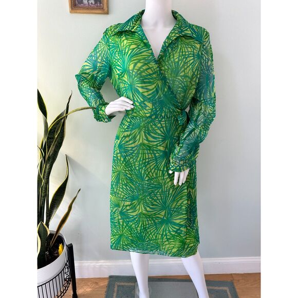 ICE Vintage Silk Wrap Dress Green Tropical Palm Print Chiffon Midi Summer Sz 12 - Picture 1 of 11